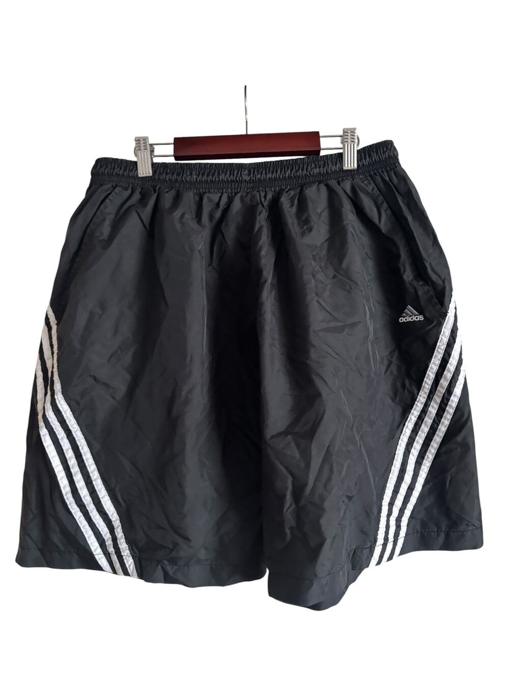 Vintage Adidas Men’s Nylon Shorts Sprinter Black 3 Stripes Pockets Size XL Y2K